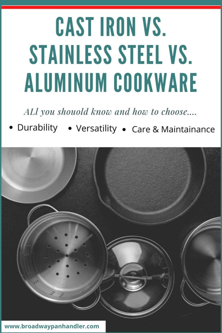 Comparative image of Cast Iron vs. Stainless Steel vs. Aluminum Cookware