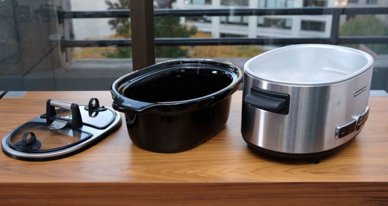 Review image showing the Lid, crock and electric base of slow cooker in our test kitchen to give a better understanding of what makes a good slow cooker